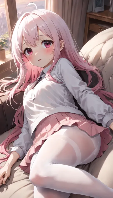 Girl white pantyhose blush pink hair JK skirt shy white hair legs lying on sofa masturbation