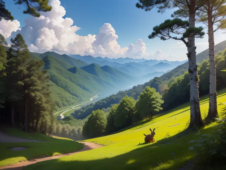 Sichuan Shennongjia，Forest scene，with blue sky and white clouds，Golden monkeys crawl on the trees，There are small rabbits near the tree，Faraway view，pov，电影灯光，Camera effects，Shinkai sincerely