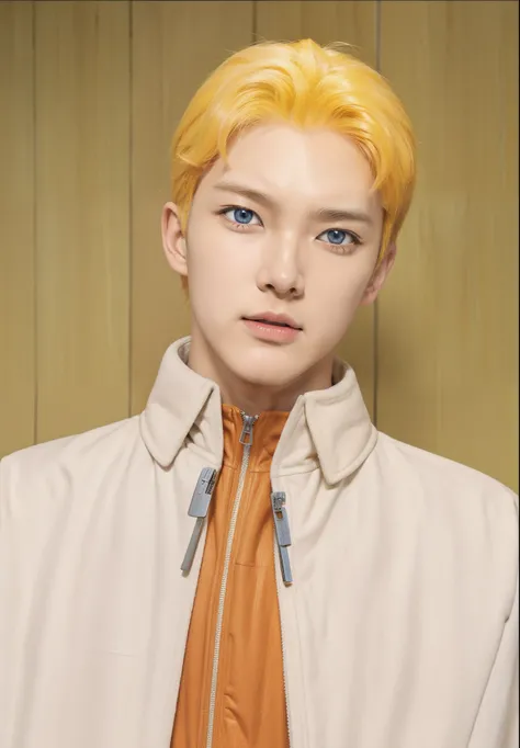 Real life adaption of this character,realistic detail same yellow Hair ,wearing realistic orange sport jacket with Zipper and wearing realistic white thin cloak with collar,((handsome Korean teen face)),hyper realistic,realism,realistic light,realistic sha...