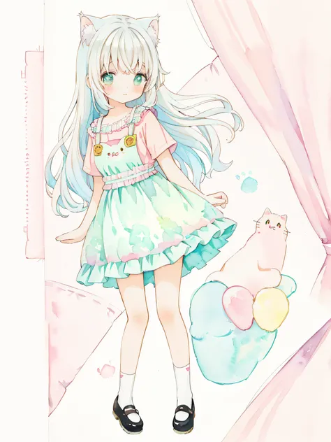 cat, fullbody,1 girl,
(pastel color:1.5),(cute illustration:1.5),(watercolor:1.2),white back ground,