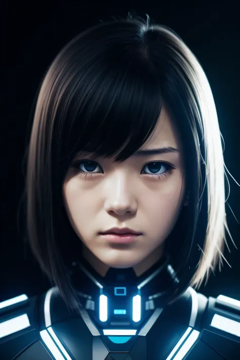 Cyborg girl aesthetic anime Japanese sad girl, Black background, facing camera, Grief vibes,  high technology,