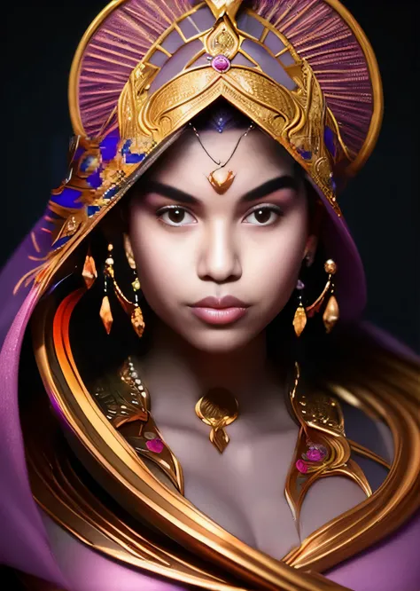 uma mulher em um vestido roxo e cocar dourado, uma bela imperatriz fantasia, Um retrato impressionante de uma deusa, ((uma bela imperatriz fantasia)), Retrato de uma bela deusa, mulher oriental bonita, retrato de arte conceito de fantasia, Retrato da deusa...