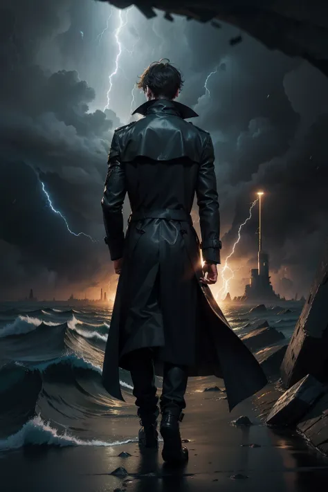 Man in a trench coat carries his hands on his back from darkness to light，There are storms around，Faraway view