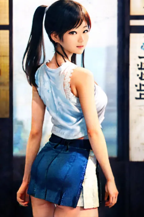 rialistic photo、Real Images、Top image quality、poneyTail、Similar to Taho Tsuchiya、White tank top and blue slit super mini skirt、Sexy ass、asian female, Tifa Lockhart, Tifa, Tifa Lockhart, Japanese Models, seductive tifa lockhart portrait, Korean Girl, trendi...