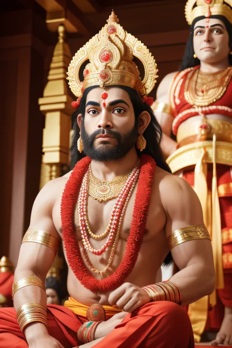 The majestic Panchamukihanuman stands tall, His five faces exude divine power, As he looked down at the puja ceremony.