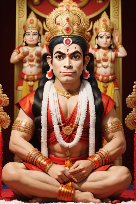 The majestic Panchamukihanuman stands tall, His five faces exude divine power, As he looked down at the puja ceremony.