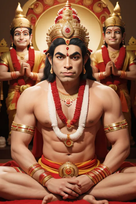 The majestic Panchamukihanuman stands tall, His five faces exude divine power, As he looked down at the puja ceremony.