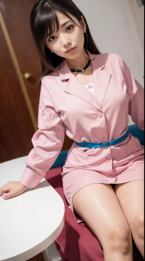 An Arad woman in a pink uniform sits at a table, doctor, nurse girl, (doctor), Nurse, nursing, bottom angles, with a stethoscope, close body shot, the doctor, close angle, nurse costume, With a lab coat, with backdrop of natural light, sakimichan hdri, wea...