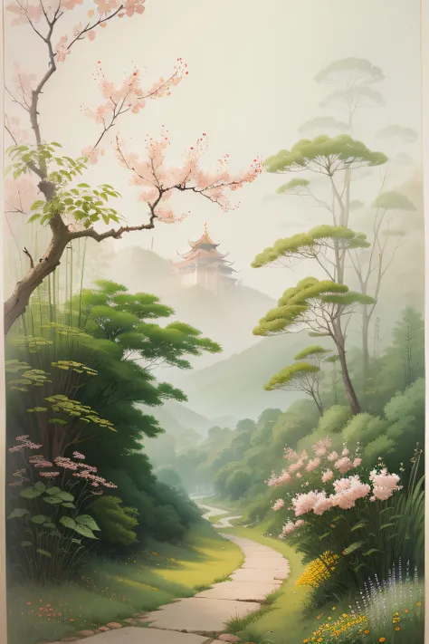 There is a path in the middle of the dense vegetation，The roadside is full of flowers，Chinese watercolor style, k hd，Traditional Chinese watercolor，Traditional Chinese painting，