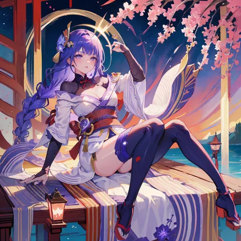 happy, bared legs, Japanese temple, (Highest Quality，masterpiece，8k wallpaper:1.2)，((Pale skin))，1girll，Solo Woman，((Genshin_impact，Raiden general))，thunder light particles，Purple thunderbolt，Bright background，the cherry trees，purple color-theme，Delicate f...