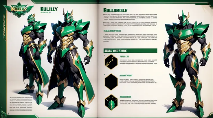 A bulky emerald and gold transformer full character reference sheet with truck like properties