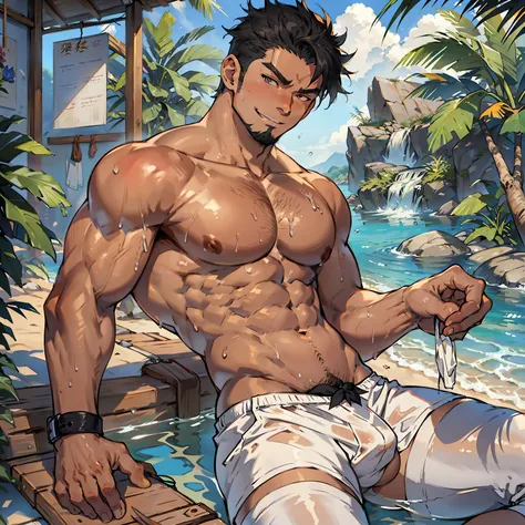 独奏，there is a man，Full body depiction，male only，Raised sexy，Refreshing Smile，winking，white legwear，G-string bikini， Masculine appearance， Mature men， Handsome， no pant， anime style art，sbeard，Volumetriclighting， Smooth and sharp focus， illustratio， Artisti...