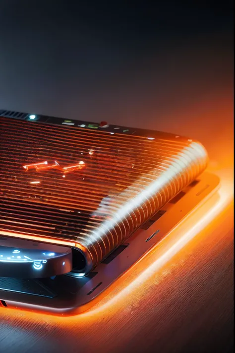 There is a laptop with a brown lid on the table, hyperdetailed crisp render, Technology, Liquid cooling, Copper, bottom angles, wrapped thermal background, Liquid cooling, 3 d product render, computer generated, Copper element, depicted as a 3 d render, sm...