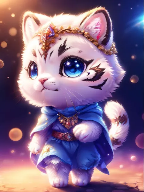 Cute little surreal white tiger with necklace warning eyes of different colors、Chibi、adorable and fluffy、Logo Design、comic strip、cinematic lighting effect、Attractive 3D vector art、Cute and quirky fantasy art、bokeh dof、handdraw、digitial painting、Soft lighti...