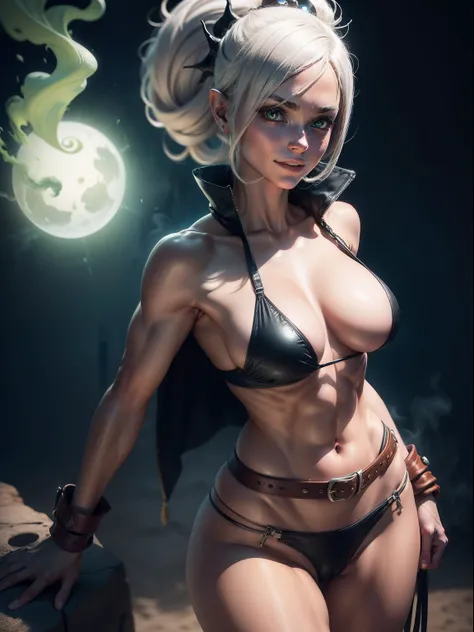 One Woman, masutepiece, of the highest quality, posterior view, Queen of the Grey Elves, bikini of, central, Belt bag, Peach Boots, viewer, Face, Portrait, Glowing eyes, Green smoke, Ass, Black background, Raised breasts, Bare skin, facial expression of sm...