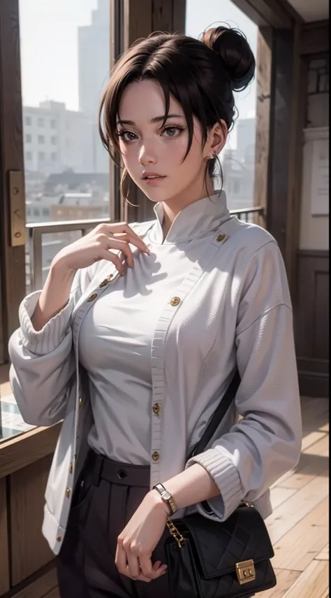 tenten from anime naruto, brown hair, wearing mascara, perfect body, perfect breasts, beautiful woman, very beautiful, wearing a white shirt, wearing a light purple cardigan, black pants, wearing a handbag, wearing a watch, wearing earrings, being in mall,...