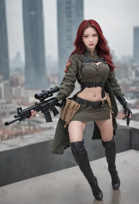 A female sniper ambushes the roof of a building，Aiming at the enemy，Hyper-detail photography，Mattire，Golden ratio,Chinese woman、Youthful、Gilet blanc、Short purple skirt、Open navel、long whitr hair、Tall guy、Armed with large sniper rifles、Red-black hair color、...