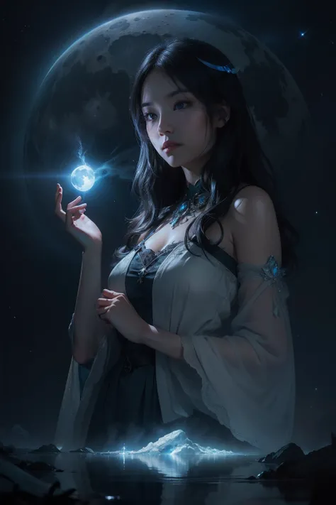 Detailed Cinematic Lighting, Art Station Trends, Isometric, Centered and Highly Realistic Cover Photo, Stunning Full Color, Hand Painted, dark, gritty, 12k, high definition, luminism, bioluminescence、「Super Blue Moon in the Mysterious Night Sky」 A magical ...