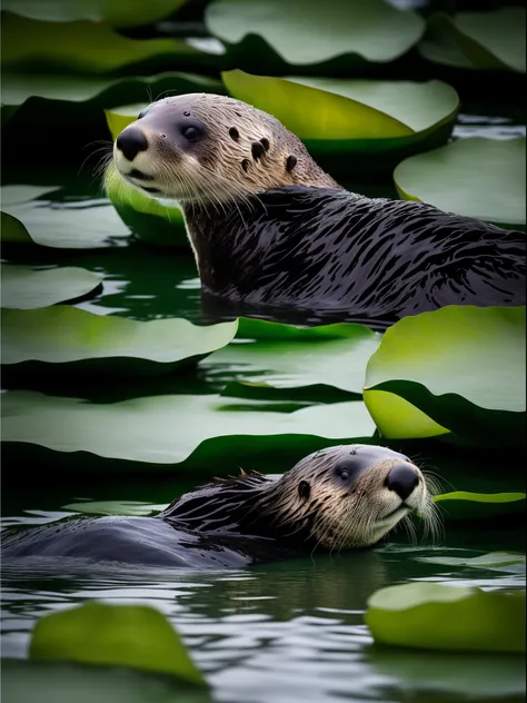 A sea otter swims on the water，Lotus leaf，The water is clear and clean，Super realistic， RAW photo, (8K、top-quality、tmasterpiece:1.2)、(intricately details:1.4)、(Photorealsitic:1.4)、Complex 3D Rendering Ultra Detail, vibrant detail, super detailing, Photorea...