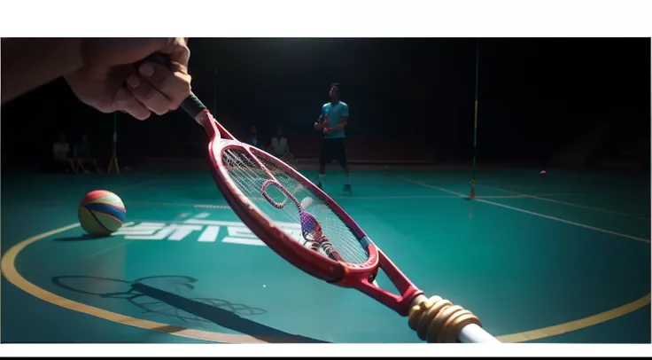 Swing the badminton racket，The scene is bright，Show off hand details，Young and energetic，plethora of colors