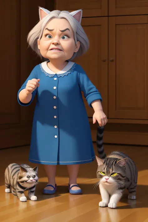 A grumpy old lady and many cats, 3D video rendering, pixar character