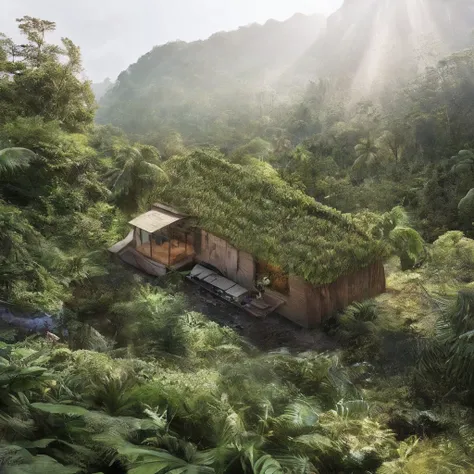 5 male friends trying to build wood hut in tropical forest clearing