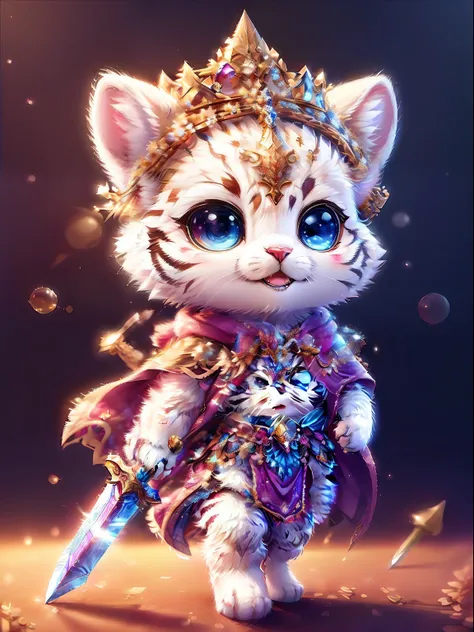 Cute little surreal white tiger with different color necklace warning eyes、Chibi、adorable and fluffy、Logo Design、comic strip、cinematic lighting effect、Attractive 3D vector art、Cute and quirky fantasy art、bokeh dof、handdraw、digitial painting、Soft lighting、I...