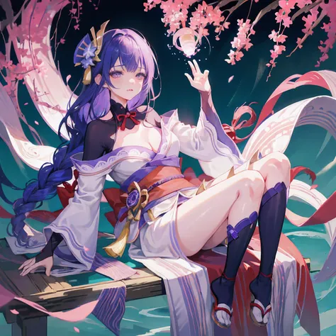 happy, bared legs, Japanese temple, (Highest Quality，masterpiece，8k wallpaper:1.2)，((Pale skin))，1girll，Solo Woman，((Genshin_impact，Raiden general))，thunder light particles，Purple thunderbolt，Bright background，the cherry trees，purple color-theme，Delicate f...