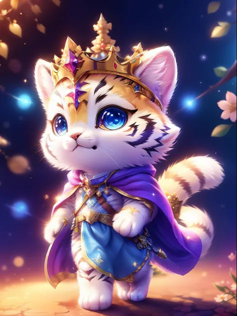 Cute little surreal white tiger with different color necklace warning eyes、Chibi、adorable and fluffy、Logo Design、comic strip、cinematic lighting effect、Attractive 3D vector art、Cute and quirky fantasy art、bokeh dof、handdraw、digitial painting、Soft lighting、I...