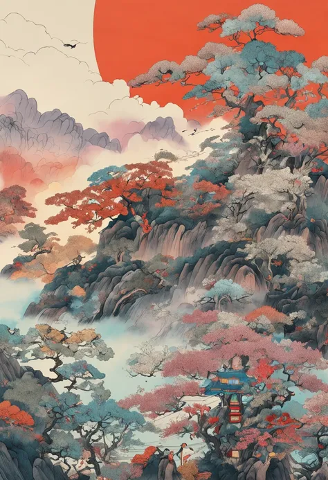 Multicolored , Colorful , Bright colors , systemic , Akari Toriyama , Chinese ink painting , close lens ,Cloud fog