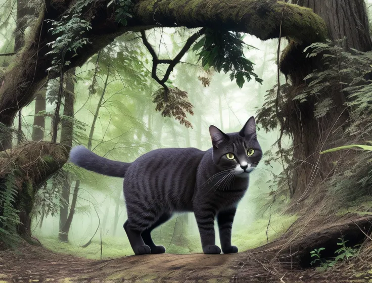 there is a cat that is standing on a tree branch, cat in the forest, maus in forest, prowling through the forest, by Maksimilijan Vanka, enjoying a stroll in the forest, photo of a cat, by Anato Finnstark, by Terese Nielsen, forest portal, queen of the for...