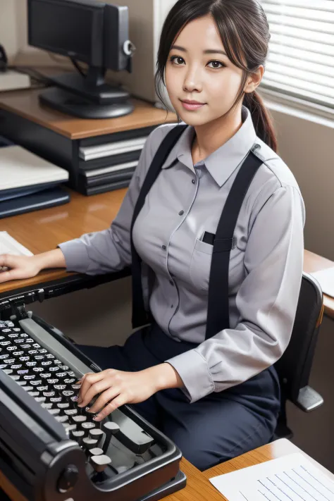 Prisoner office worker gray clothes typewriter