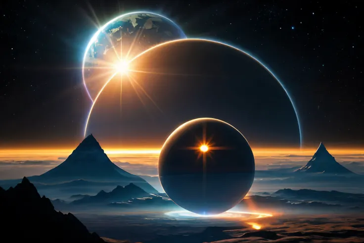 A breathtaking view of Earth with a majestic ring and the radiant Sun in the mesmerizing background, showcasing an otherworldly alien planet landscape suspended in the infinite expanse of space, casting its ethereal glow over the mystical horizon.