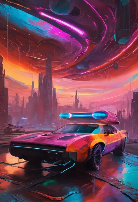 "Immerse yourself in a cyberpunk-inspired environment, A neon-lit world, Be captivated by the surreal sight of a ringed planet dominating the sky, Full of fascinating digital art.Technologie,SUV,Hyper-realistic