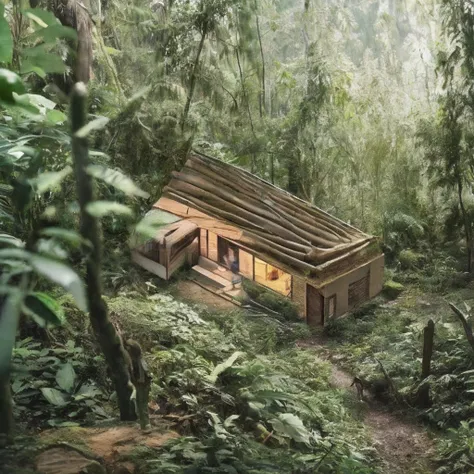 5 male friends trying to build wood hut in tropical forest clearing