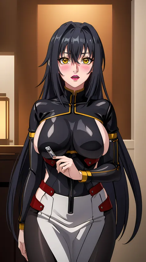 professional artwork, Intricate Details, sharp focus, detailed painting, photorealistic lighting, trending on pixiv, Standing at attention, ((black outfit ,yellow collared shirt,black and red bodysuit,skin_tight,black legwear, black pantyhose, Side_boob)),...