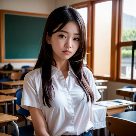 Arad woman standing in classroom in a white shirt, Korean girl, beautiful Korean women, Korean woman, jaeyeon nam, Beautiful young Korean woman, Student, Surrealism female students, Gorgeous young Korean woman, Surrealism female students, Female Student, k...