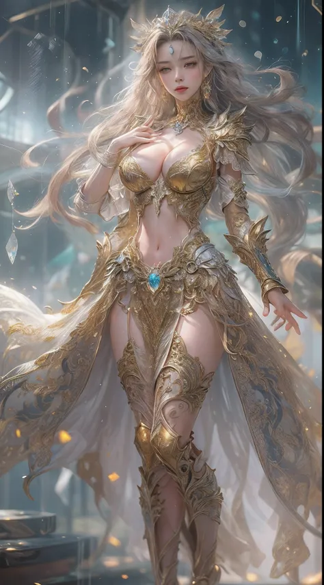 Woman in a golden transparent dress,High heels, (((Huge breasts, Large cleavage))),Slim waist,(Bare waist), Long hair, micro-curly hair, Ultra-detailed details,High-end Zhenyi station, Rainstorm site, detailed fantasy art, Stunning character art, Beautiful...