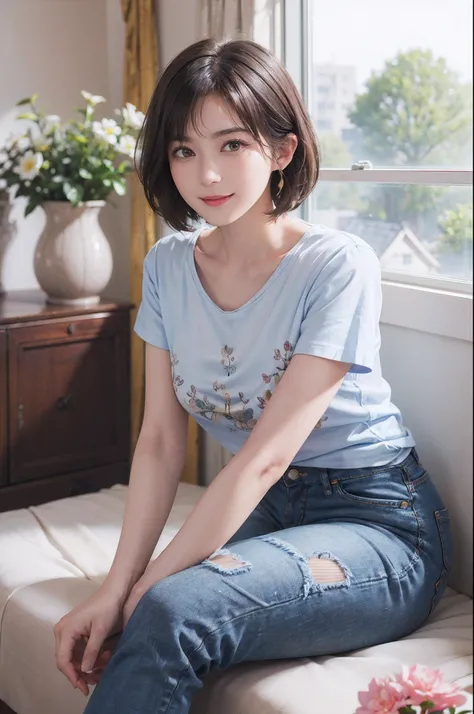 (masutepiece)、(Photorealsitic、Raw photography、top-quality: 1.4)、(1womanl)、(Breast)、((Floral T-shirt))、((In jeans))、Beautiful expression、((A slight smil))、(A dark-haired、short-hair:1.3)、Beautiful hairstyle、realisticeyes、Beautiful details、（real looking skin）...