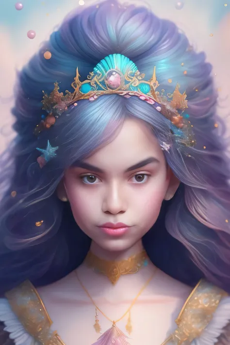 uma pintura de uma menina com cabelo azul e uma tia, Retrato da rainha sereia, estilo de arte de fantasia, retrato de fantasia fosco detalhado, retrato da fantasia, Beeple e Jeremias Ketner, retrato da princesa, retrato da arte da fantasia, arte fantasia b...