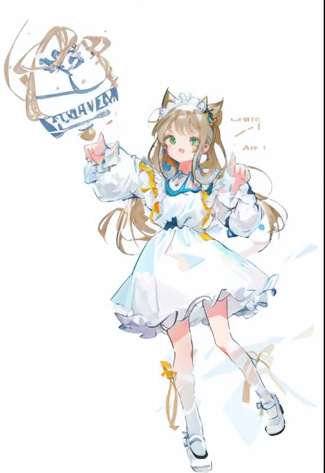 Painting of a girl holding a box, small curvaceous loli, holding a pudica pose, heavy outline, female furry mini cute style, pudica pose gesture, loli in dress, anime cat girl in a maid costume, Genshin character Kira Ryoshi,