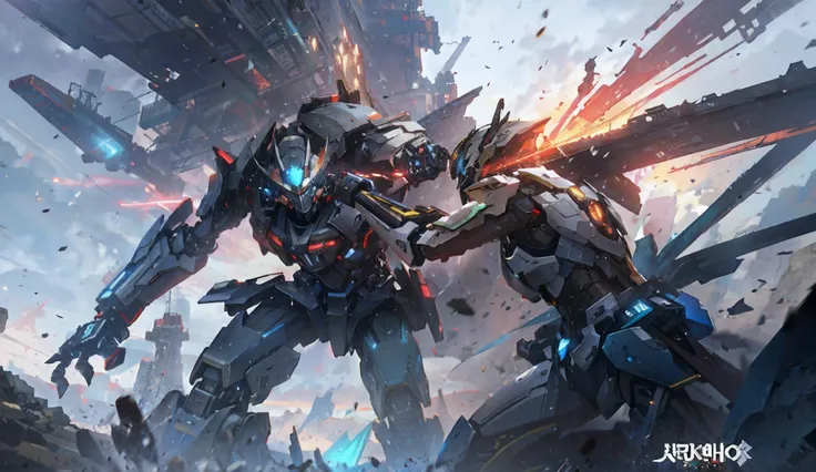 There are two robots fighting each other in a sci-fi environment, High quality digital concept art, author：Zhou Chen, krenz cushart and wenjun lin, soldiers and mech fight, cgsociety and fenghua zhong, author：Jeremy Chang, war mechs fighting, author：Lee Je...