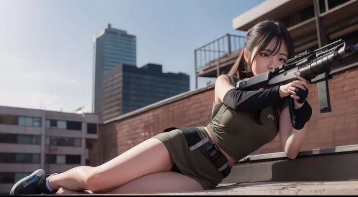 A female sniper ambushes the roof of a building，Armed with a sniper rifle and aim at the enemy，Battle background，Hyper-detail photography，Mattire，Golden ratio,Chinese woman、Youthful、Gilet blanc、Short purple skirt、Open navel、long whitr hair、Tall guy、Black h...