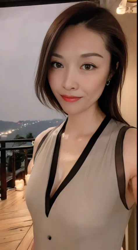 ((Best quality, 8k, Masterpiece: 1.3)), Selfie, Sharp focus: 1.2, Cute beautiful woman with perfect body: 1.4, Slim big breasts: 1.2, ((Brown hair dark, Big breasts: 1.2)) , (small transparent dress, half naked, highly detailed breasts, Happy expression, S...