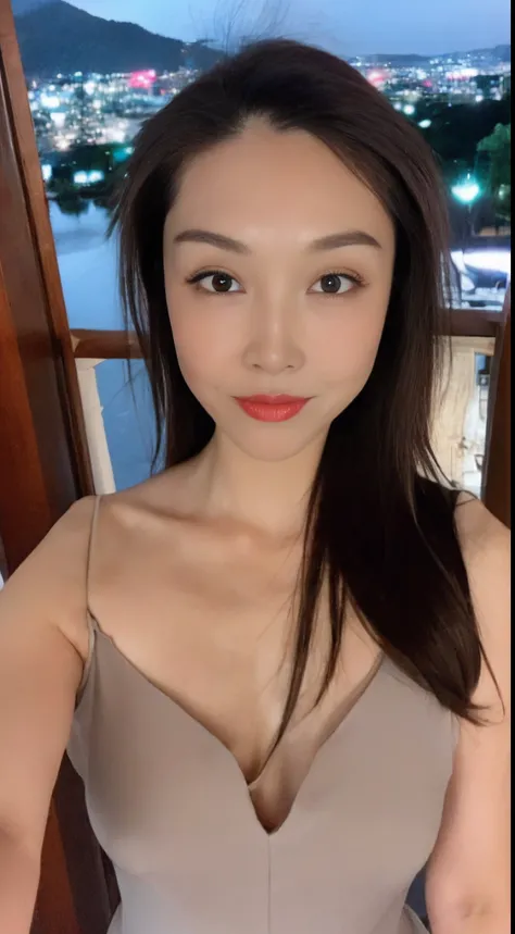 ((Best quality, 8k, Masterpiece: 1.3)), Selfie, Sharp focus: 1.2, Cute beautiful woman with perfect body: 1.4, Slim big breasts: 1.2, ((Brown hair dark, Big breasts: 1.2)) , (small transparent dress, half naked, highly detailed breasts, Happy expression, S...