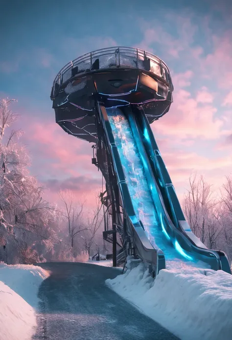 "Snow-covered cyberpunk style ice slide"