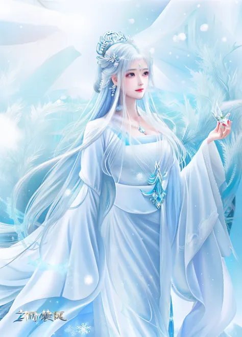 Anime girl wearing white dress，long hair flowing, goddess of winter, queen of ice and storm, ice sorceress, Winter queen, Ice Queen, xianxia fantasy, ((a beautiful fantasy empress)), a beautiful fantasy empress, queen of ice, Ice Princess, Fantasy art styl...