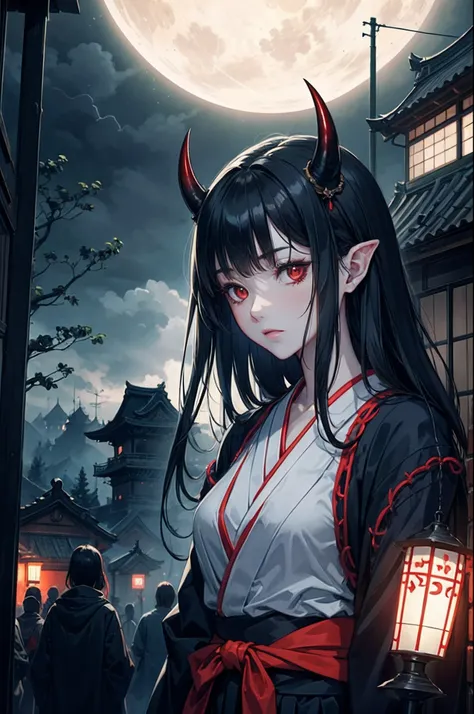 night parade of one hundred demons, hyakki night line, demon, colored skin, red skin, oni, oni horns, "night parade of one hundr...