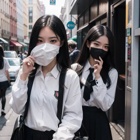 girl in a street，There is a girl with black hair. Wearing a school uniform covering her face with her hair mirror selfie