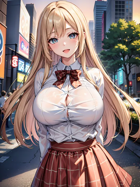 (1girl:1.3, solo), (Masterpiece, best quality, photorealistic, highres, photography, :1.3), ultra-detailed, sharp focus, professional photo, commercial photo, (upper body:1.3), (standing at downtow street), (((starring at the viewer:1.5))), (arms behind ba...